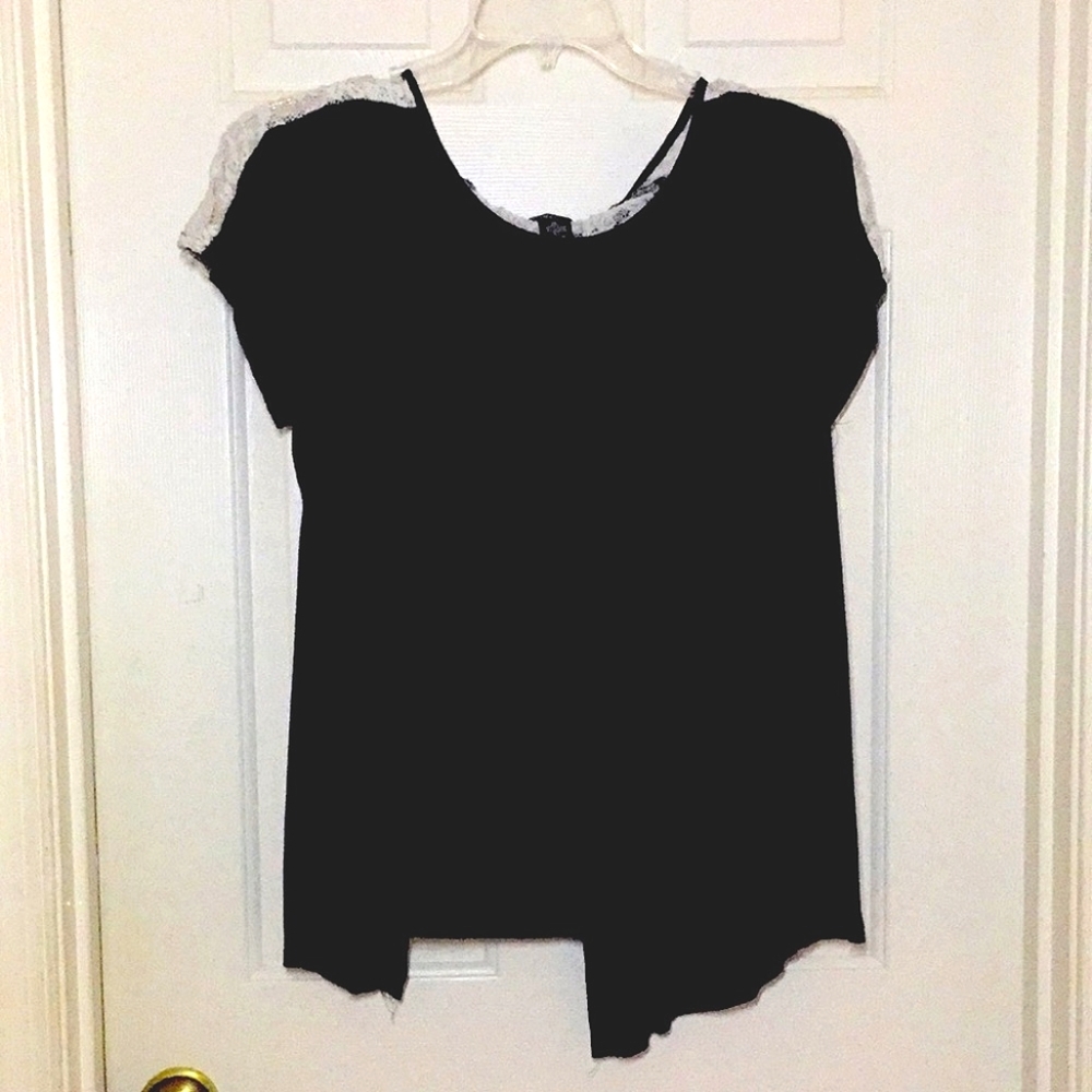 Black and White Blouse with Lace Sleeves and Back